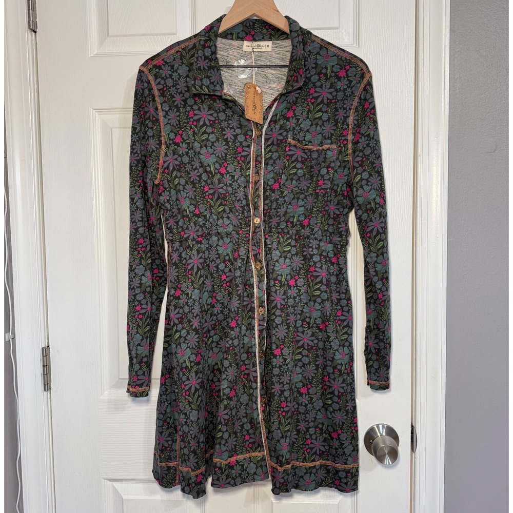 NWT Natural Life Dress Christa Knit Cotton Dark Floral Medium Boho Organic Women